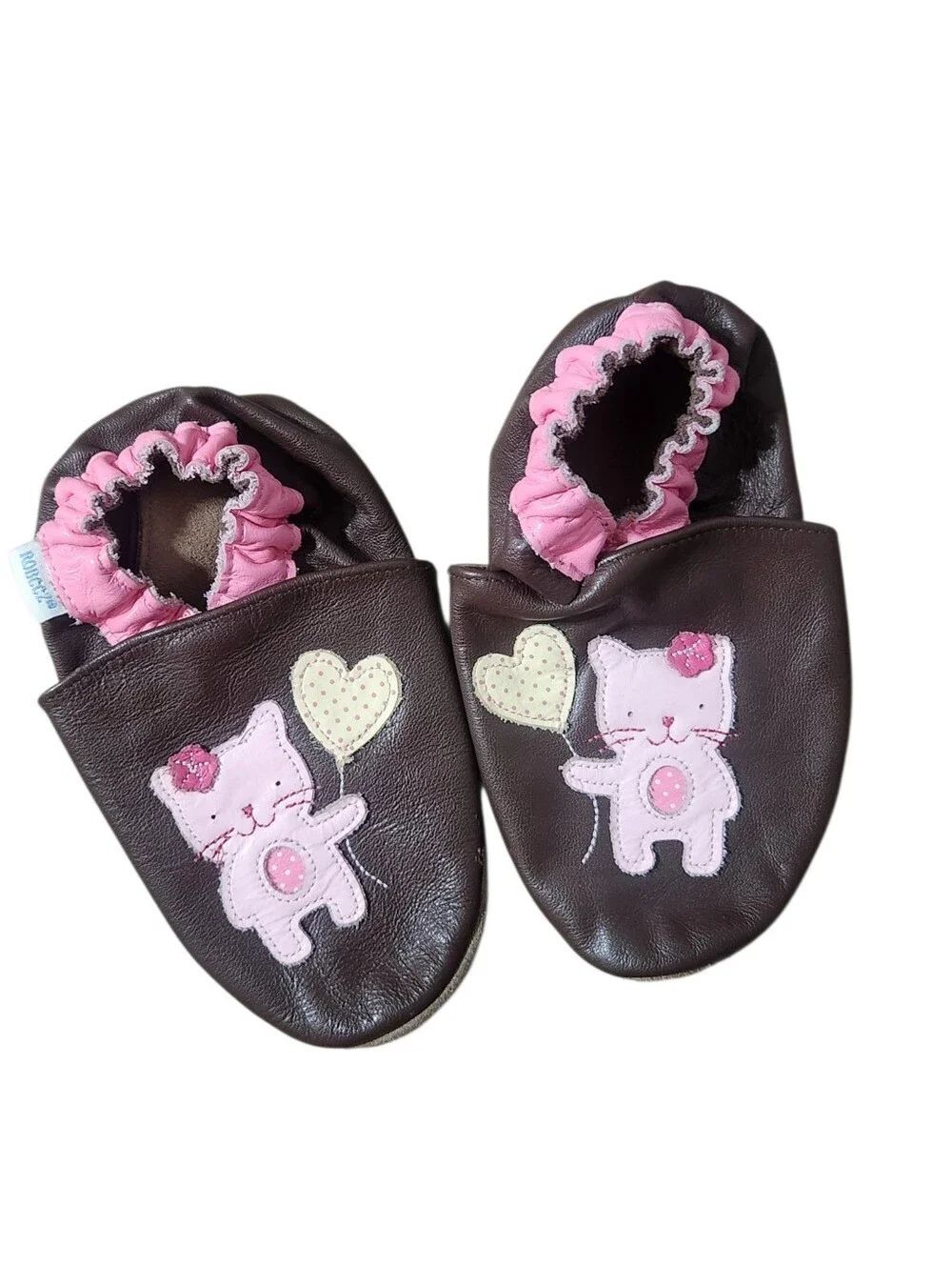 Robeez Leather Slippers Girls Size 3-4 Years Brown Pink Cat Slip On Shoes